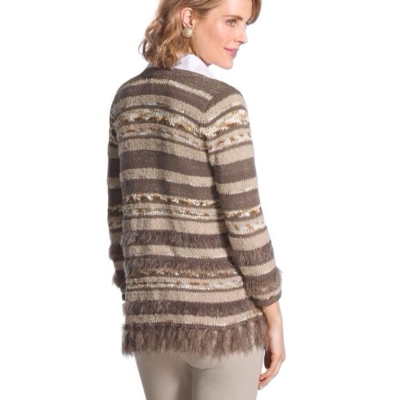 Mocha Brown Fringe Open Front Cardigan 3/4 Sleeve Shimmery & Soft Silky Western - Picture 2 of 14